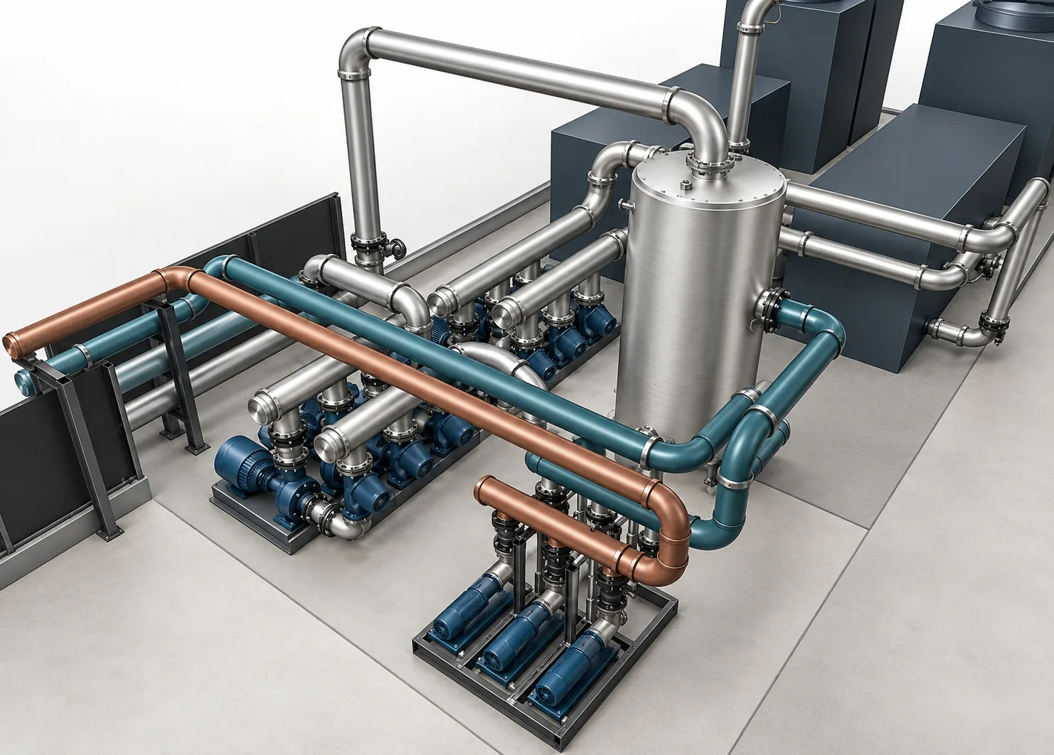 Modello 3D di una centrale termica progettata dall'ufficio tecnico Datech: rack tubazioni, gruppo pompe su skid e serbatoio in pressione