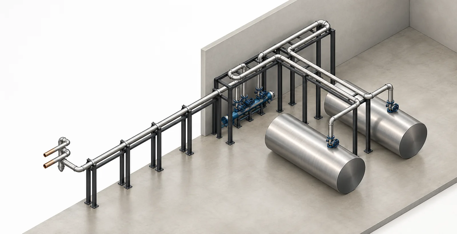 Modello 3D di un rack tubazioni su supporti in carpenteria con due serbatoi orizzontali