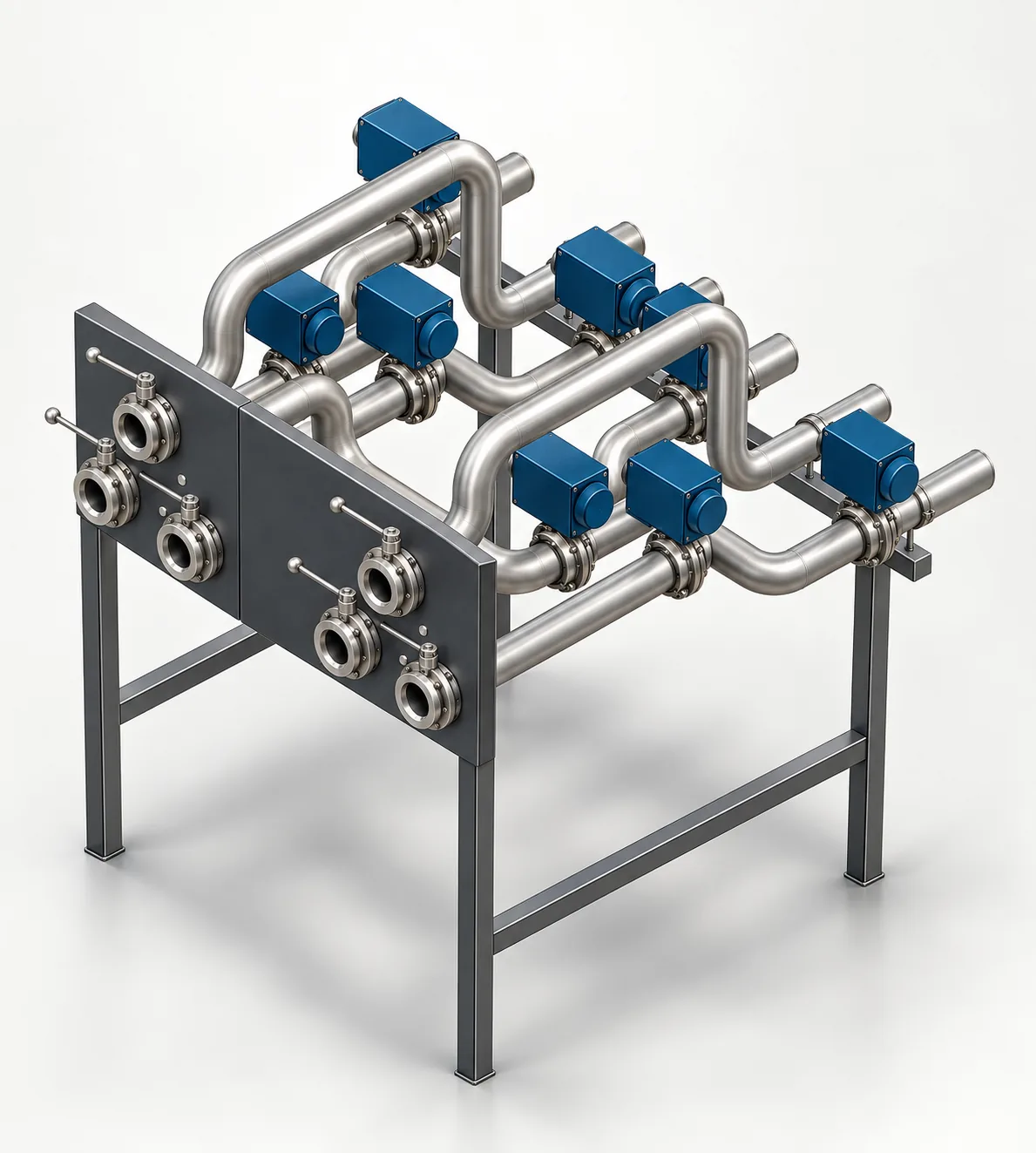 Modello 3D di uno skid con valvole automatiche e telaio in acciaio