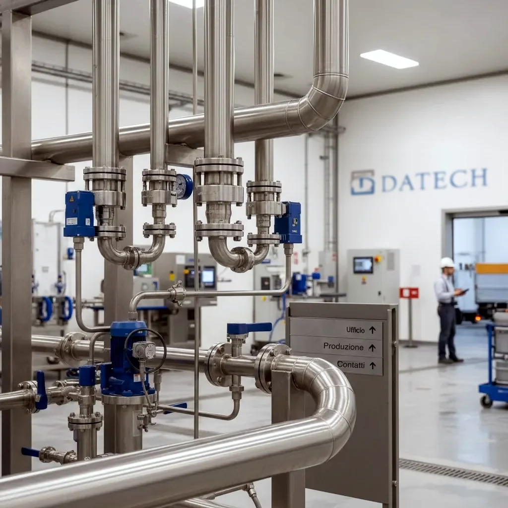 Impianto in acciaio inox realizzato da Datech TP, con il logo Datech sulla parete